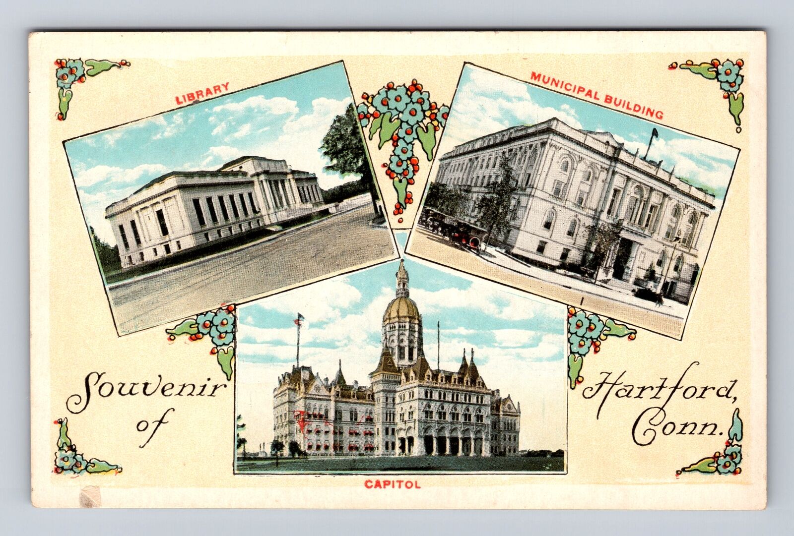 Hartford CT-Connecticut, Capitol, Library, Municipal, Antique, Vintage Postcard