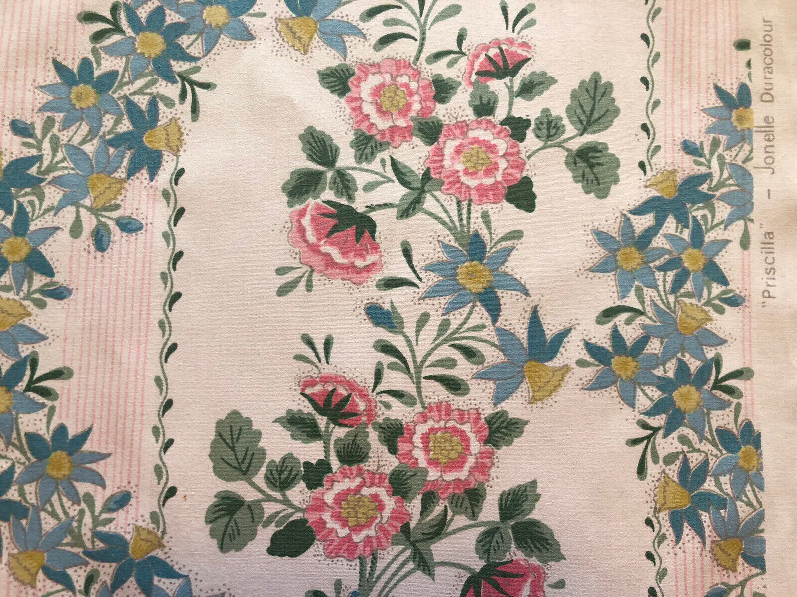 Jonelle 1971 ‘Priscilla’ Pink&Teal Floral Cotton Fabric Panel Original 35x30cm