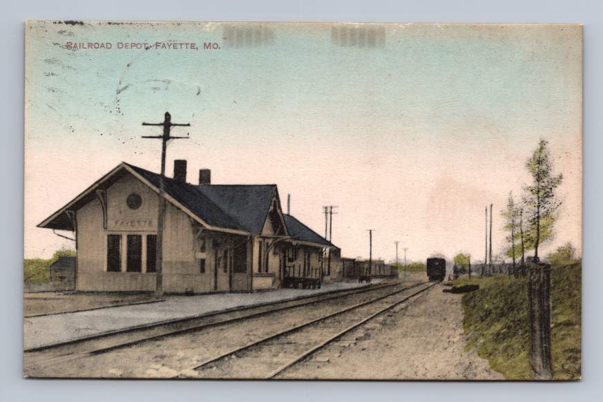 Railroad Depot FAYETTE Missouri Antique Hand Colored Train Station Postcard 1909