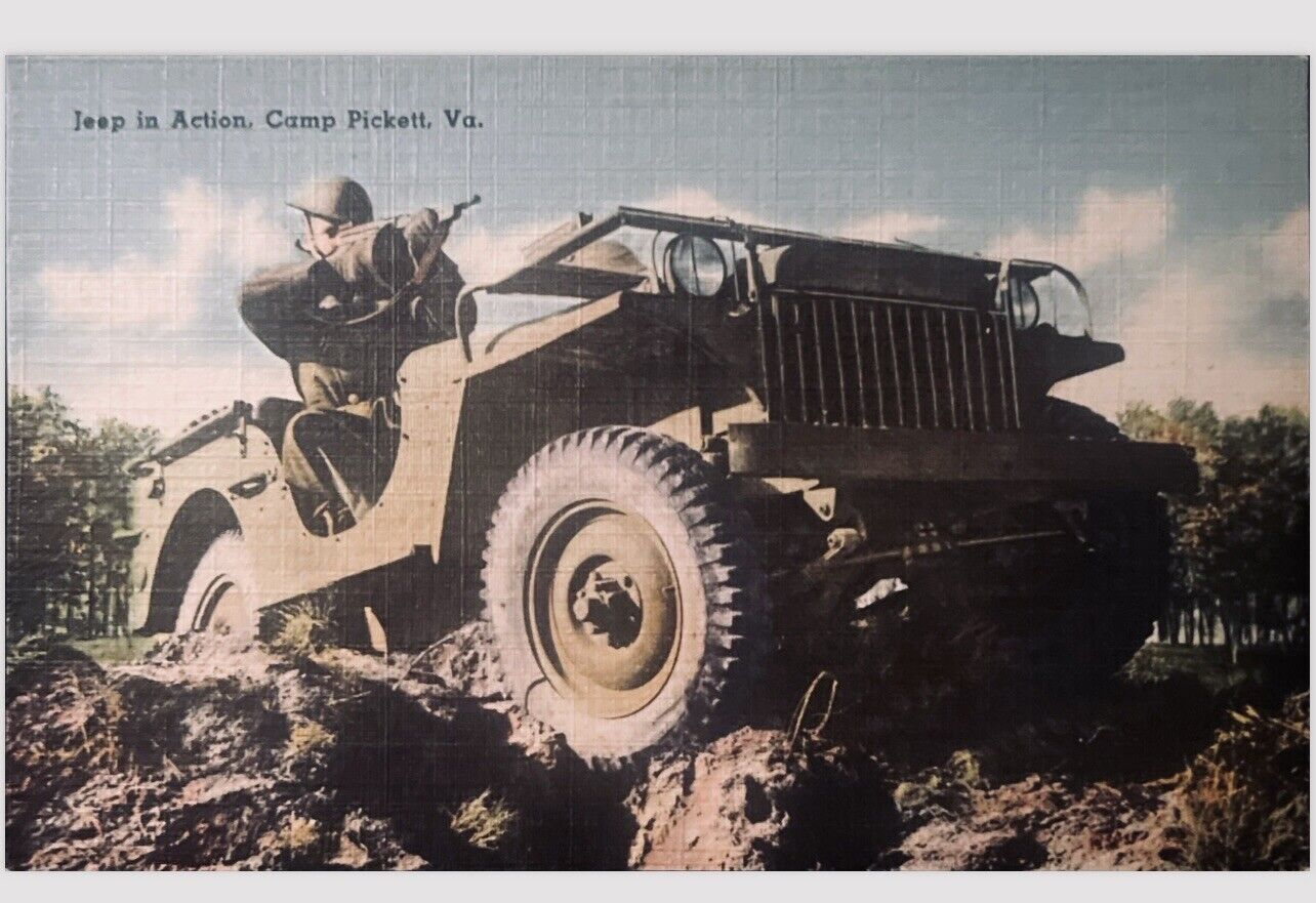 Vtg Military Postcard ~ Jeep in Action Camp Pickett Virginia VA
