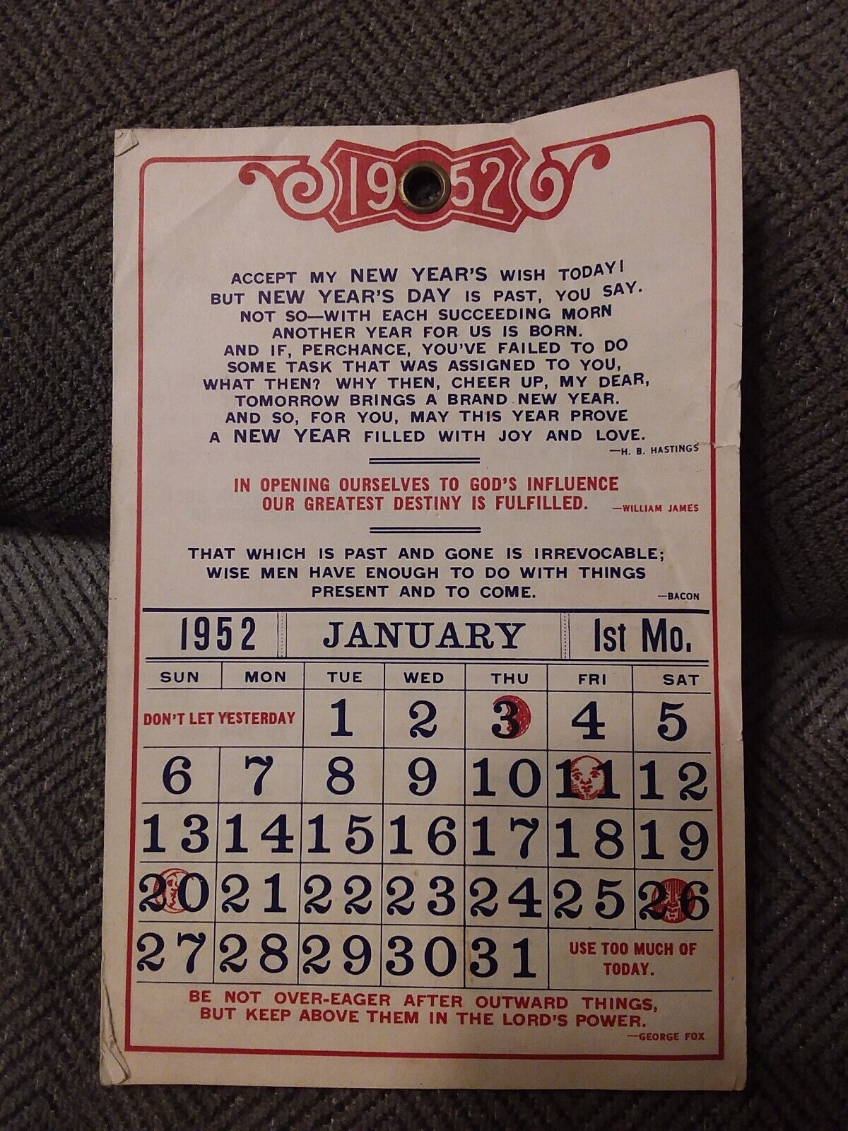 Vintage 1952 Biblical Calendar