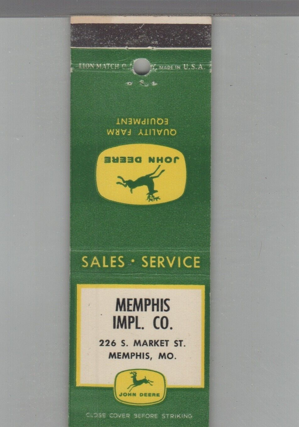 Matchbook Cover John Deere Tractor Dealer Memphis Implement Co. Memphis, MO