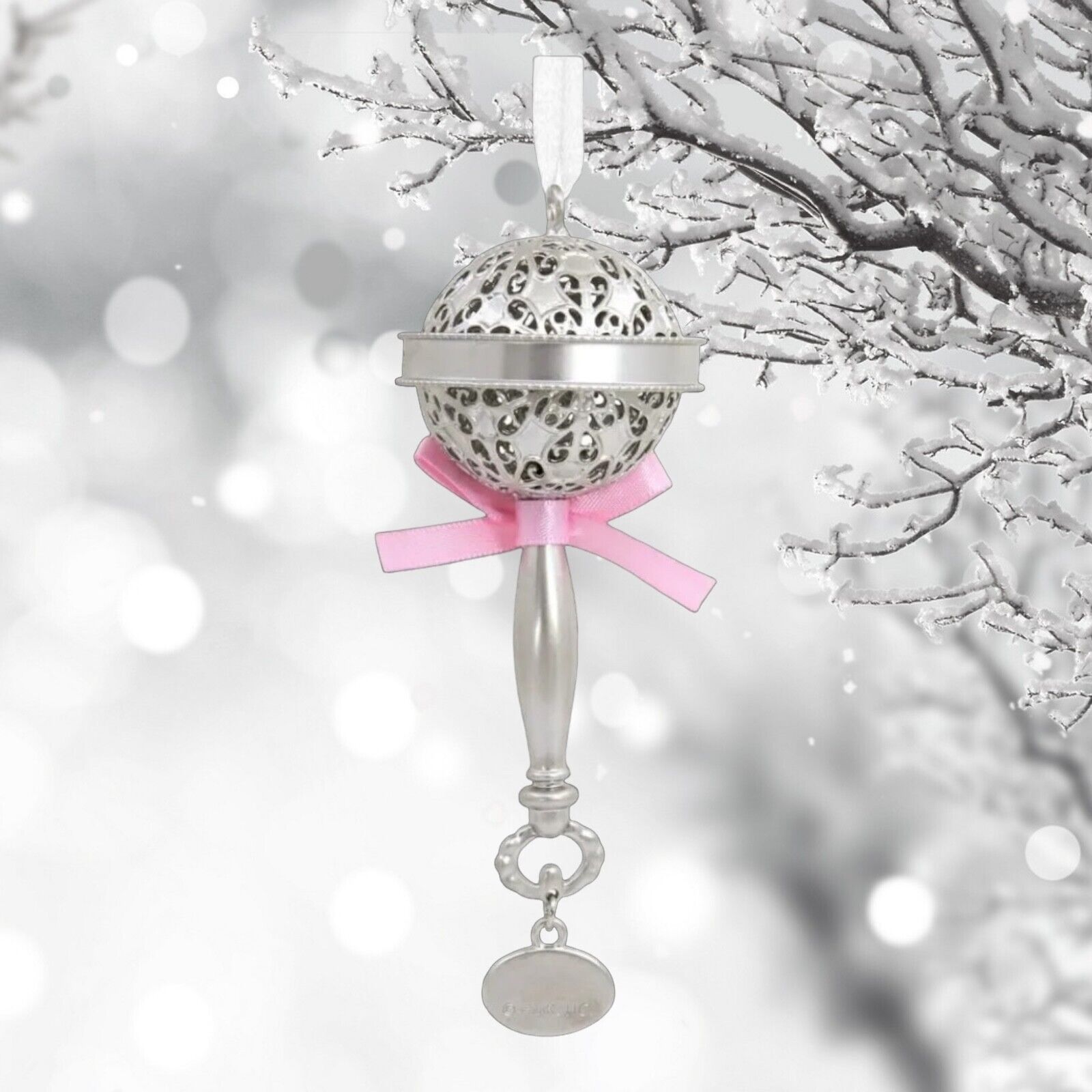 Hallmark Baby\'s First Christmas 2023 Rattle Ornament Premium Metal Pink 1st