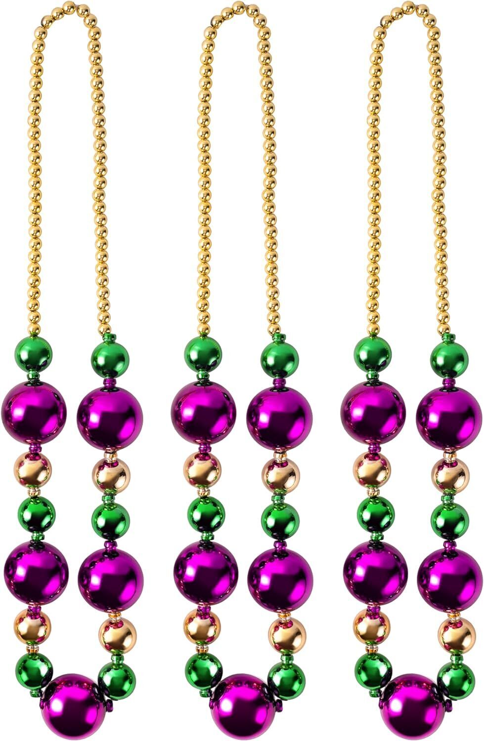 3 Pcs Mardi Gras Jumbo Bead Necklaces, 44\'\' Gold Green Purple Necklaces Beads
