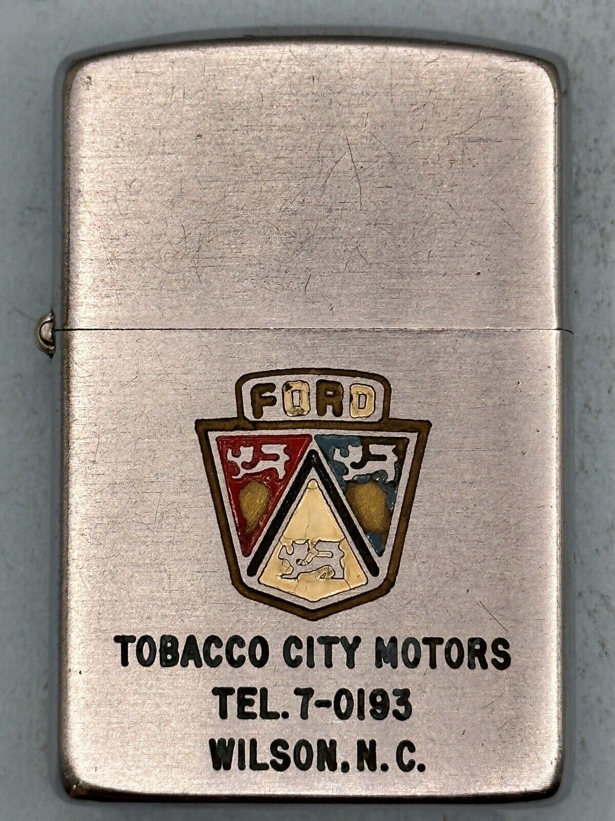Vintage 1950-1957 Ford Logo Tobacco City Motors Chrome Advertising Zippo Lighter