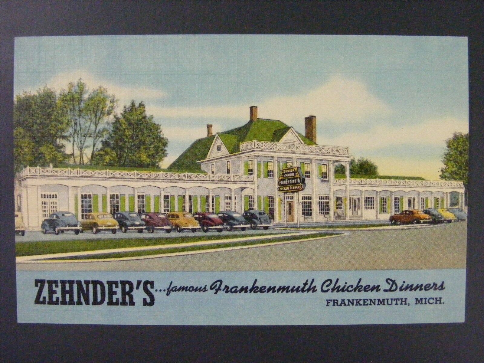Frankenmuth Michigan Zehnder\'s Restaurant Cars Curt Teich Linen Postcard 1948