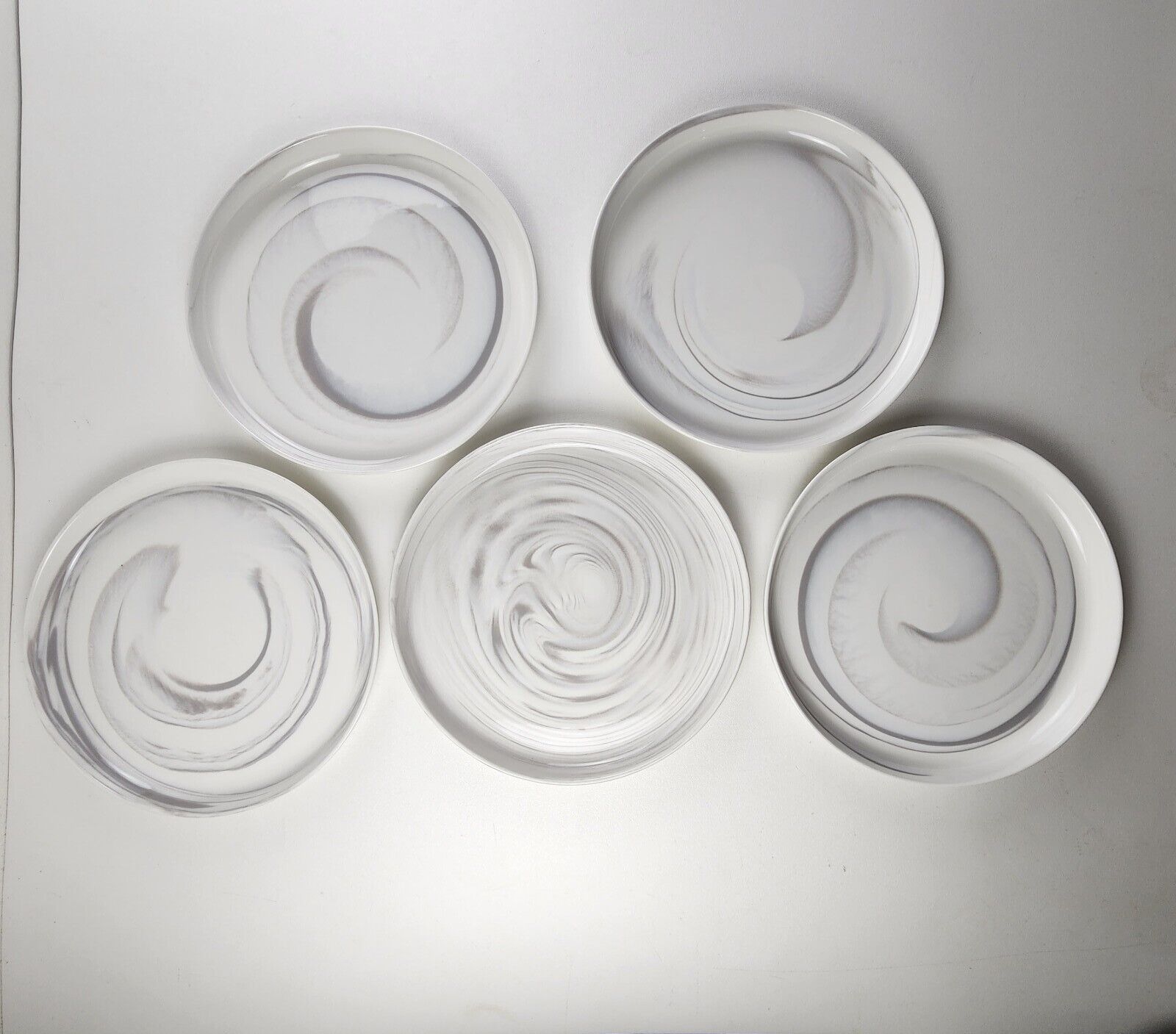 Set of 5 Artisanal Kitchen Supply Coupe Grey & White Marble Swirl Dinner Plates
