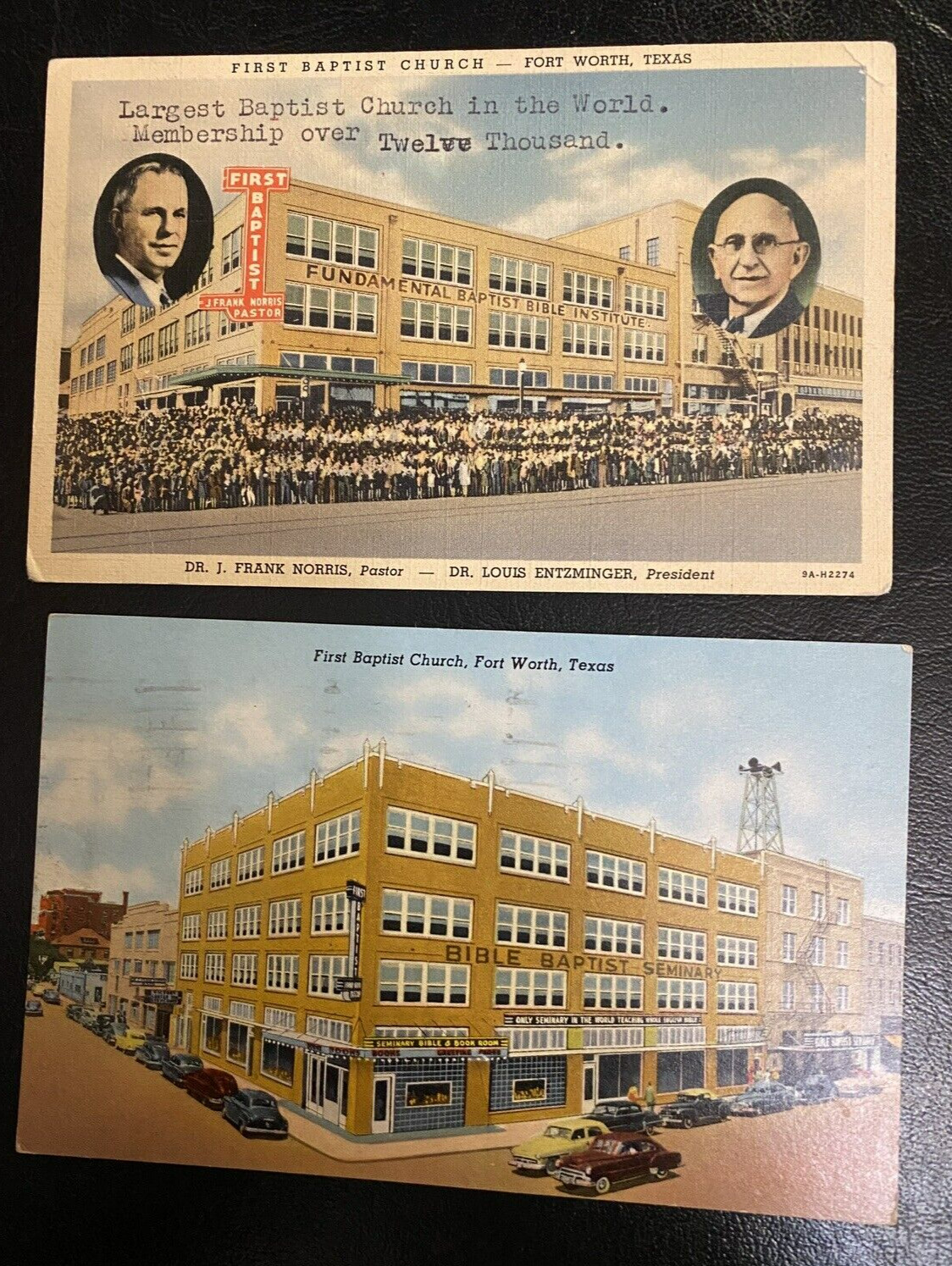 3 VINTAGE POSTCARDS-FIRST BAPTIST CHURCH,FT WORTH,TX.  OVER 12,000 MEMBERS.