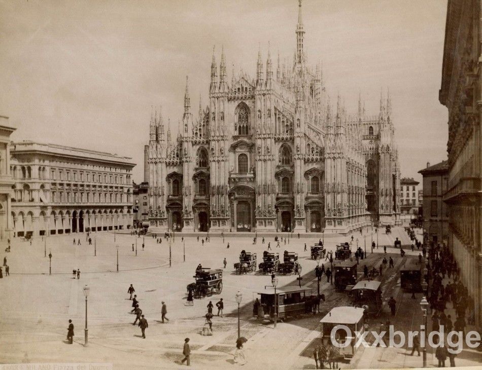 Milan Italy 1880 Piazza del Duomo 1880 Carriages For Hire Horse Buggy Bourghams