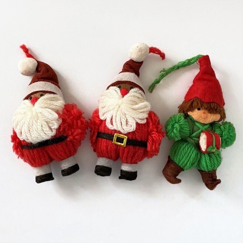 3 Vintage 1978 Hallmark Yarn Christmas Ornaments Santas and Elf 4.5in