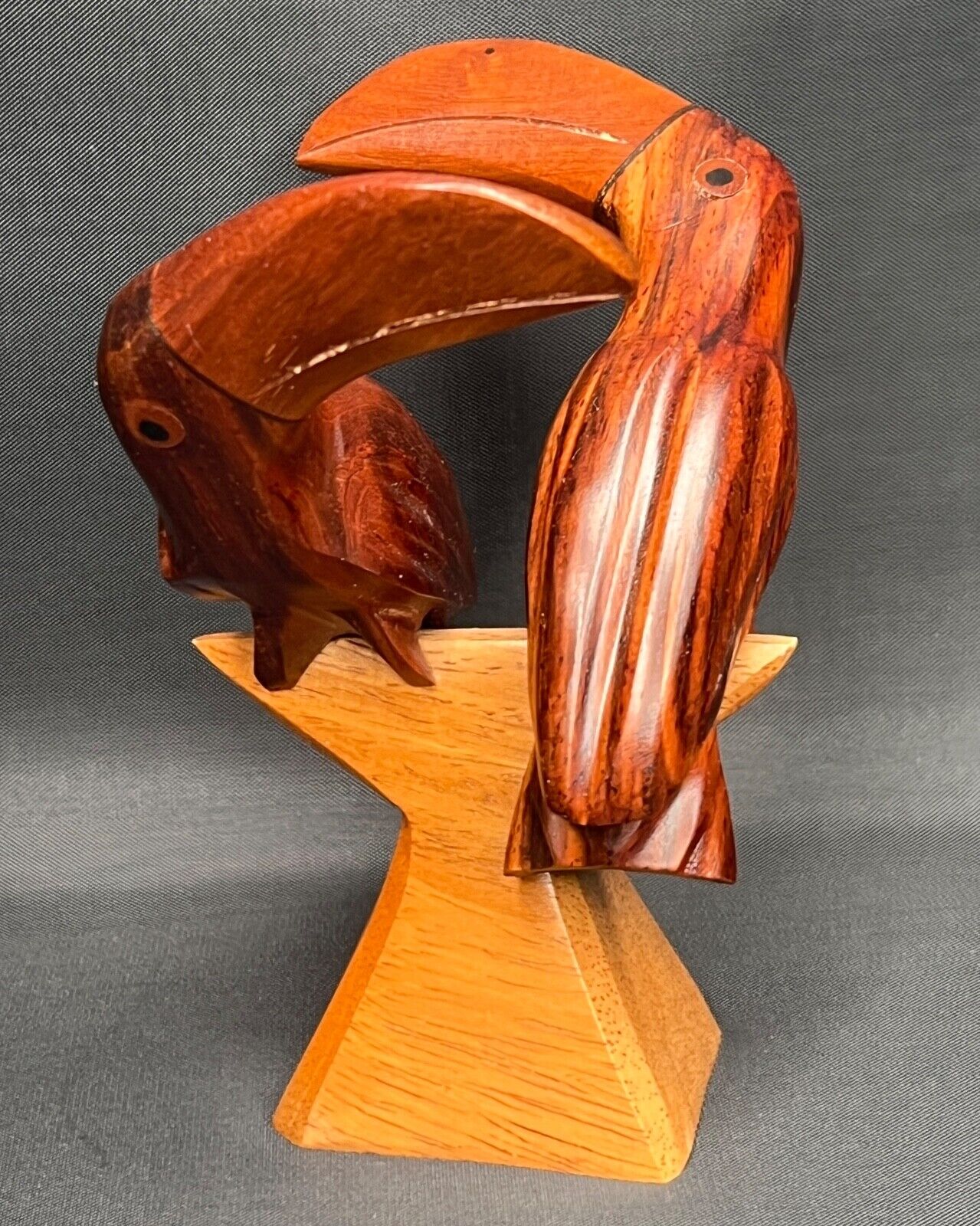 Vintage Hand Carved Wood Pair of Toucan Birds on Pedestal Base Tiki Bar Decor