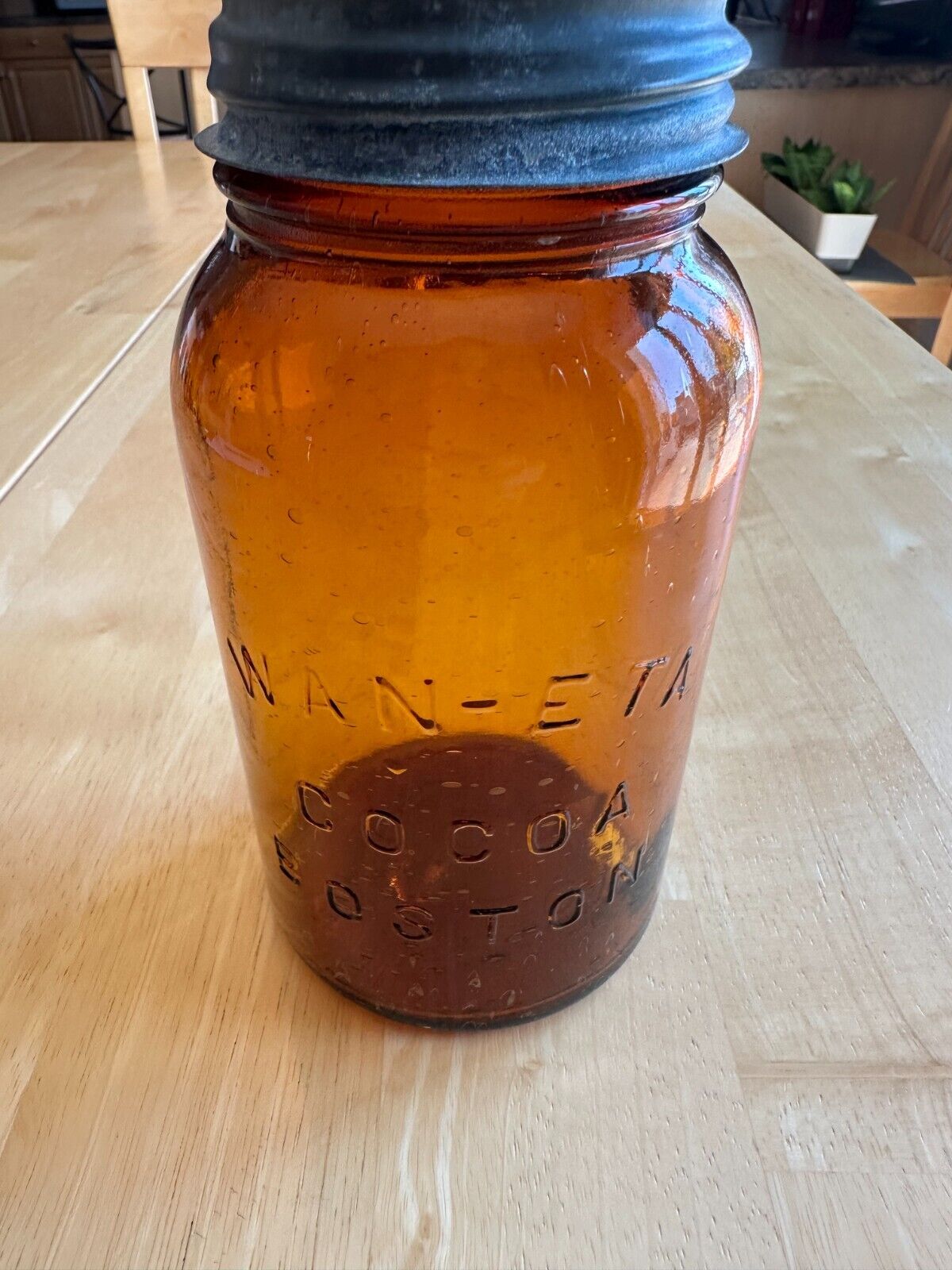 Vintage Antique Wan-ETA Cocoa Bottle Boston Amber Canning Jar 1931