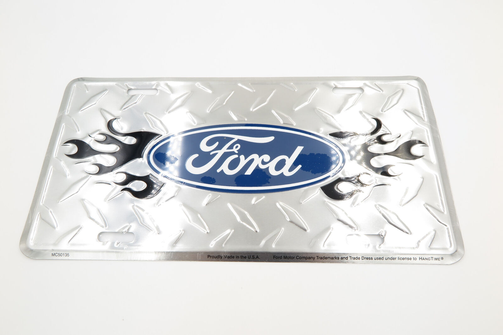 Ford Logo Black Flames Diamond Aluminum Metal Car License Plate Tag