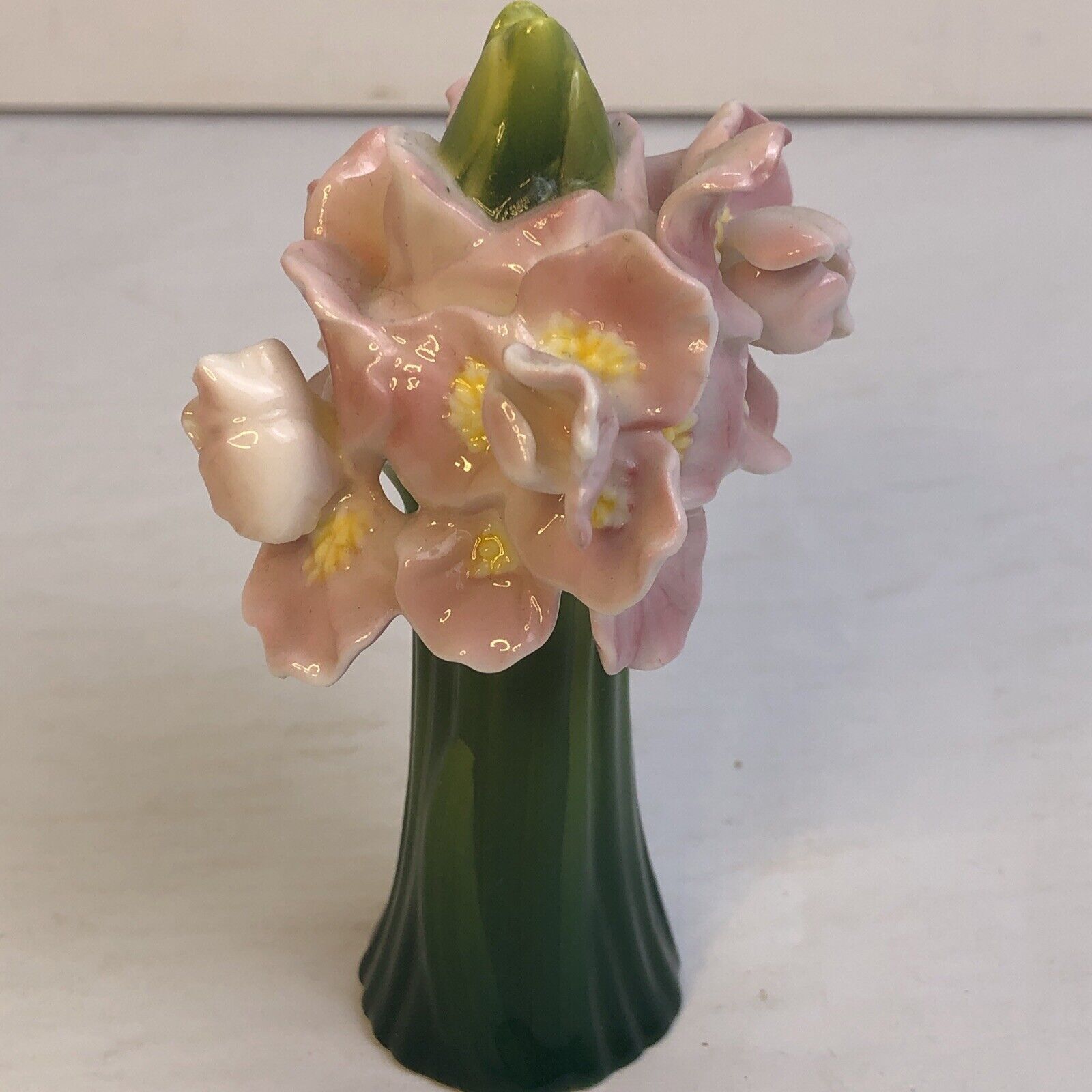 Ibis and Orchard Style Flowers In A Vase Sculpted 4” Tall Ceramic Sculpture