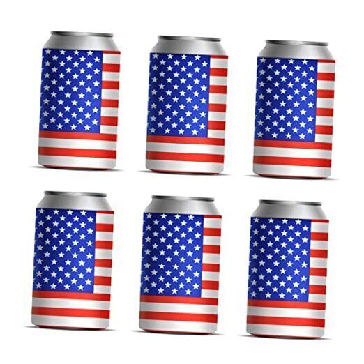 6 Pack American Flag Beer Can Cooler Sleeves 4th of July Decorations, 5.1 x 