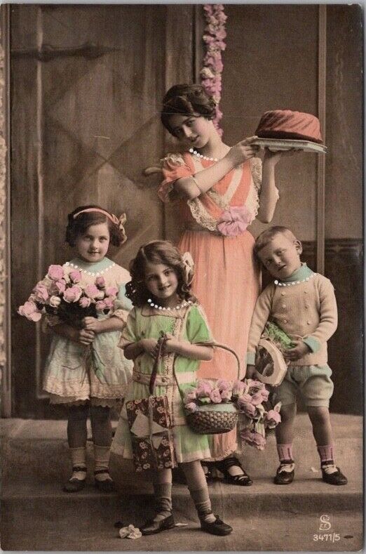 1910s French Tinted Photo RPPC Greetings Postcard Children / Mother with Cake