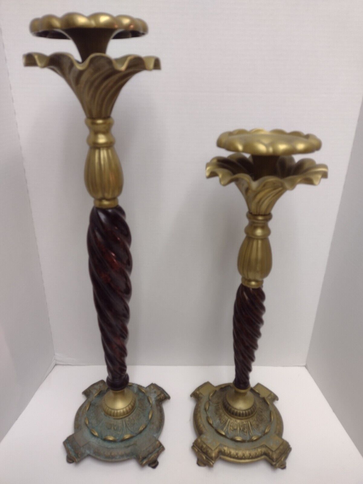  Decorative Brass Candle Holders Polished Wooden Spiral Twist Ruffle Pair Mcm 