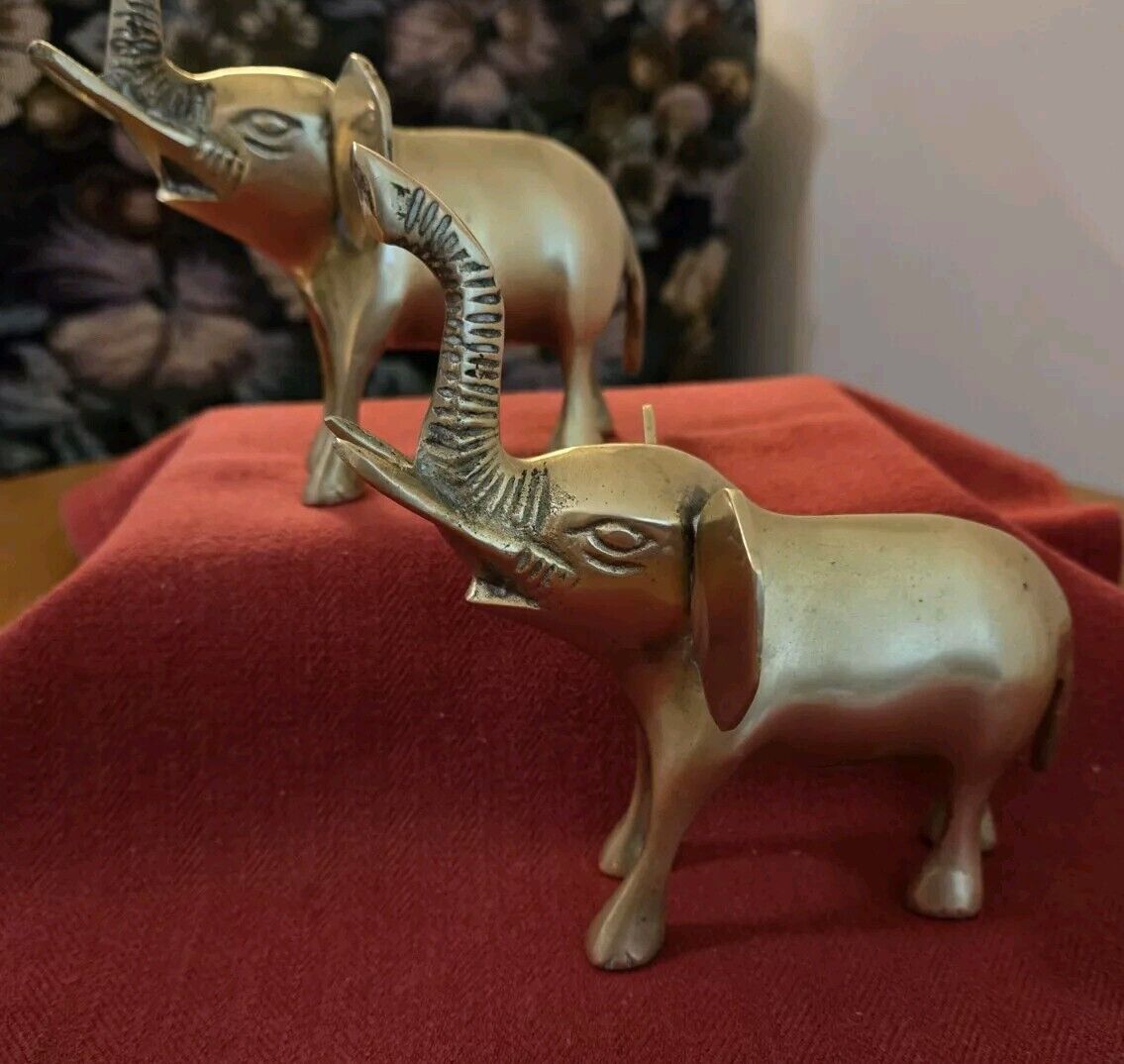 2 Vintage Brass Elephant Figurines with  Octagonal Ears Trunks Up