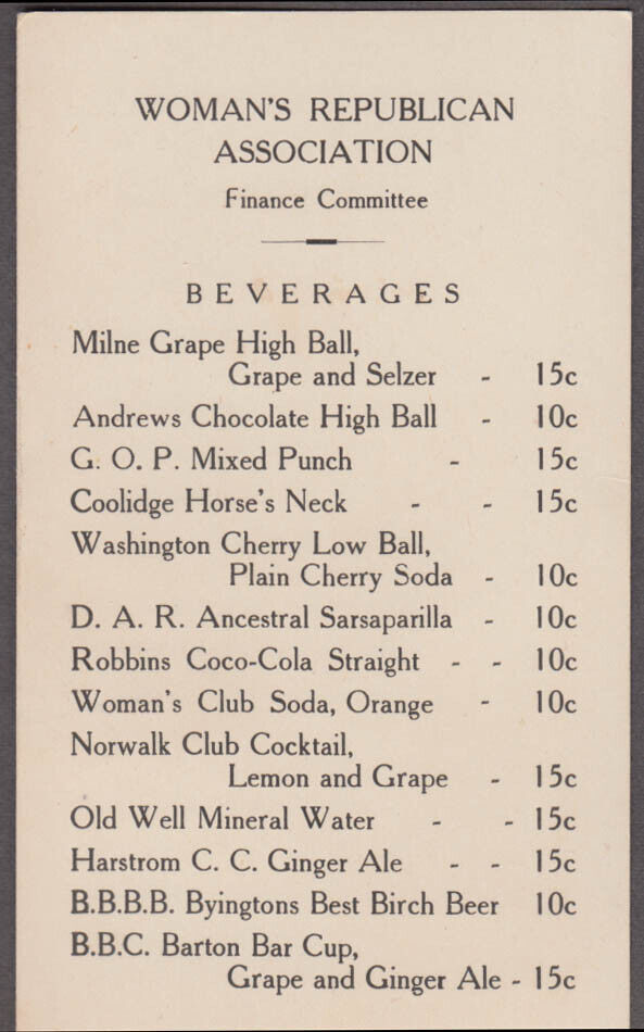 Norwalk CT Woman\'s Republican Association Beverage Price List ca 1920s