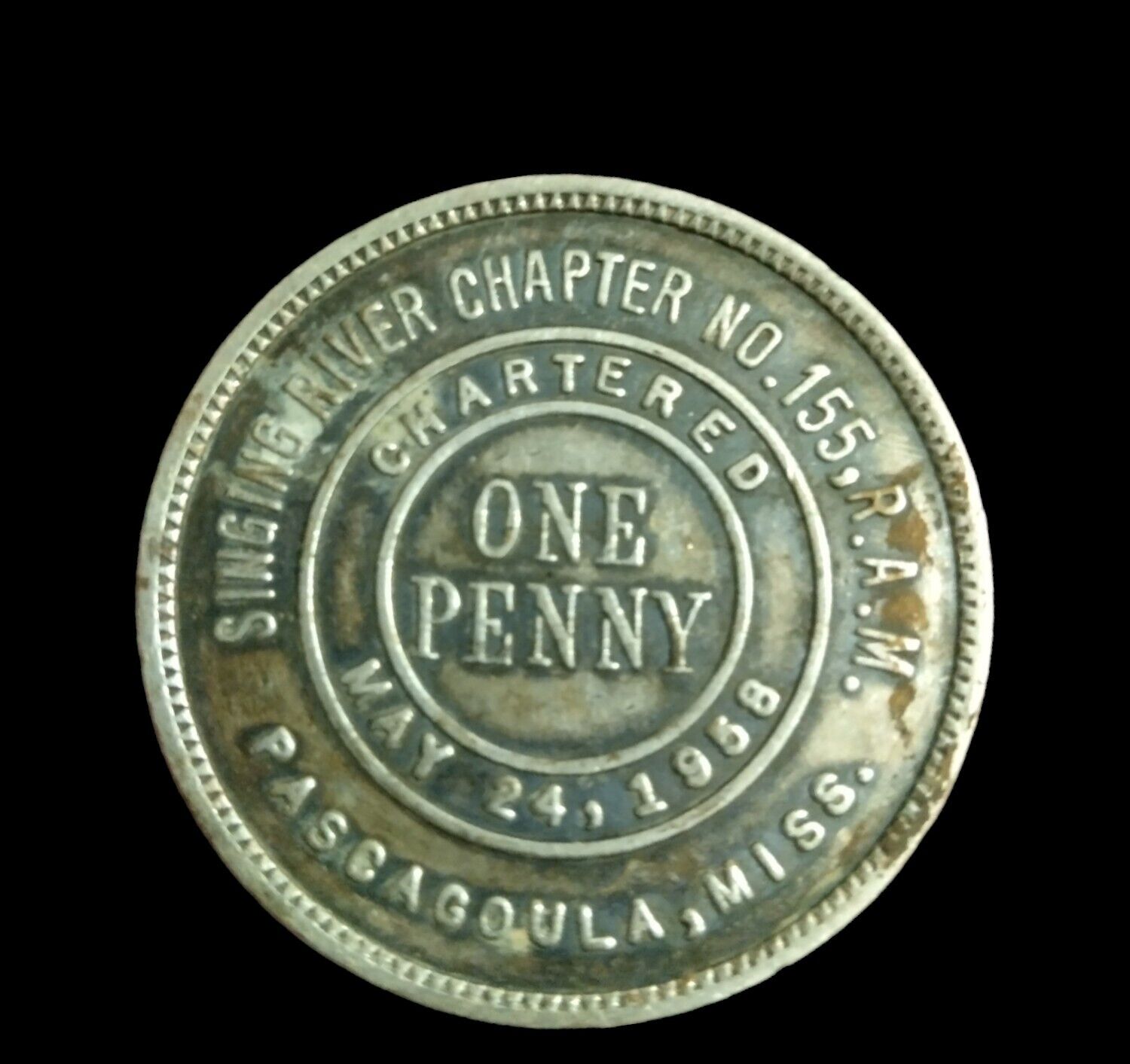 1958-Dated Silver Masonic Penny Token Singing River Chapter #155. R.A.M Pasc,MS