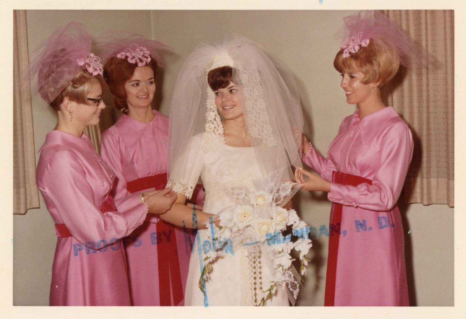 Vintage Photo Pretty Bride 1960s Bridesmaids Pink Dresses Women Wedding Proof
