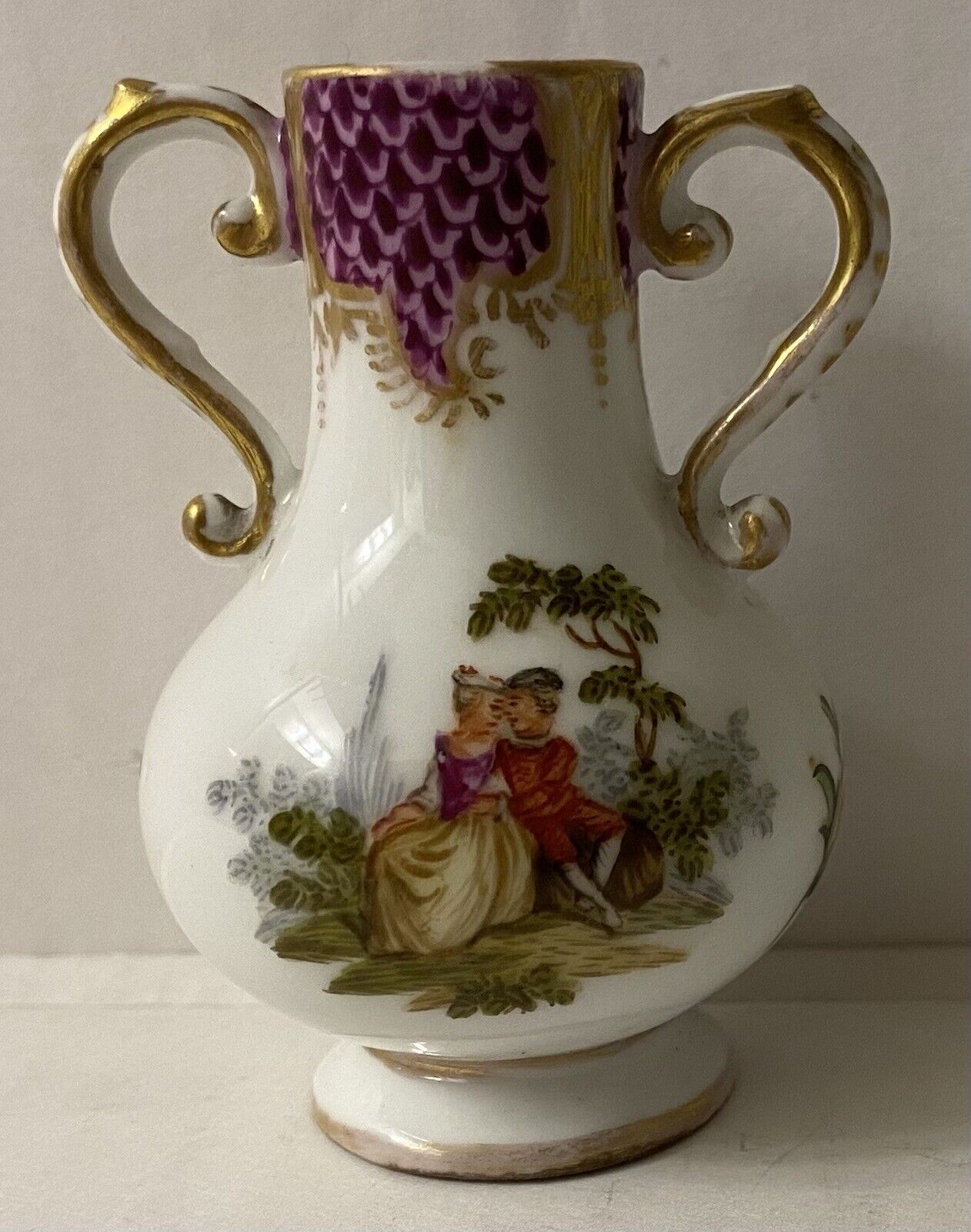 Miniature Augustus Rex Dresden Hand Painted Porcelain Vase ~ Courting Scenes