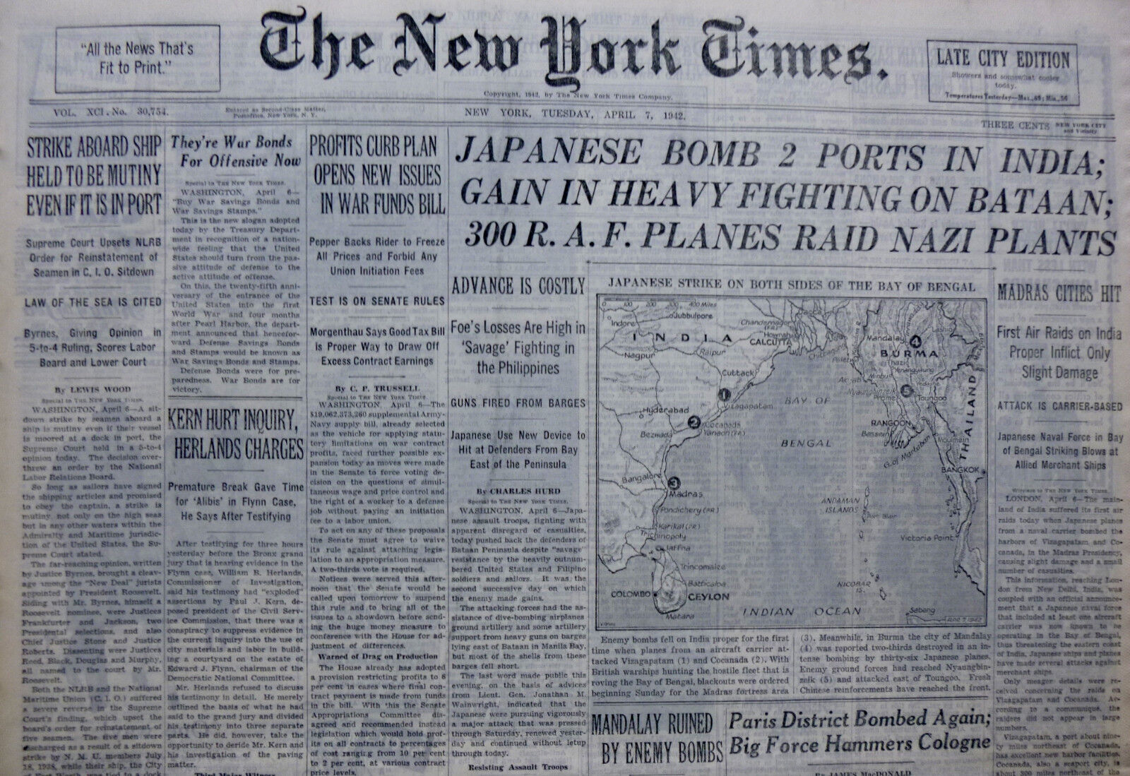 JAPANESE BOMB 2 PORTS IN INDIA MADRAS BATAAN R.A.F. BOMBING 4-1942 WWII April 7
