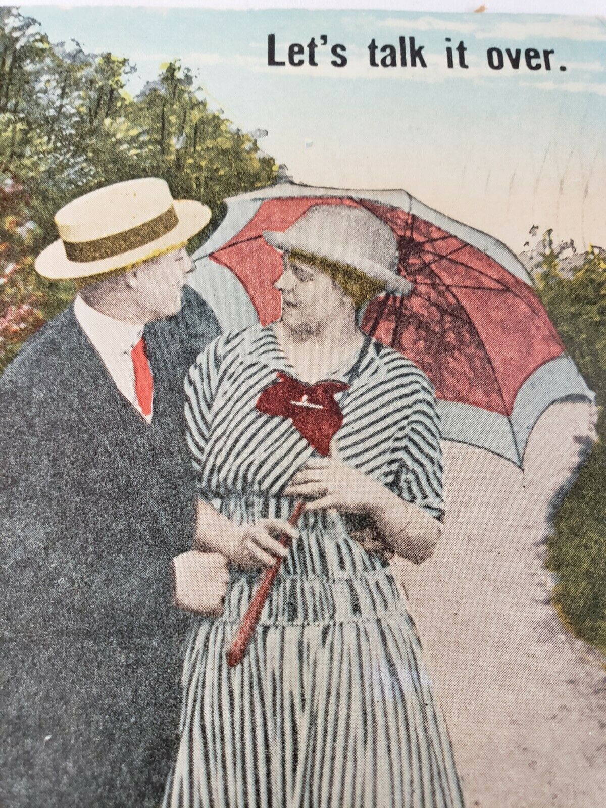 C 1915 Lets Talk It Over Romantic Couple Parasol in the Park Antique DB Postcard