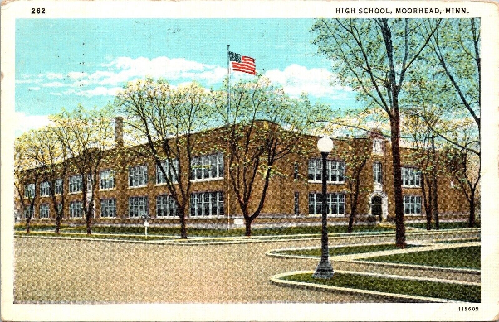 Moorhead Minnesota High School Building Streetview WB Cancel WOB Postcard