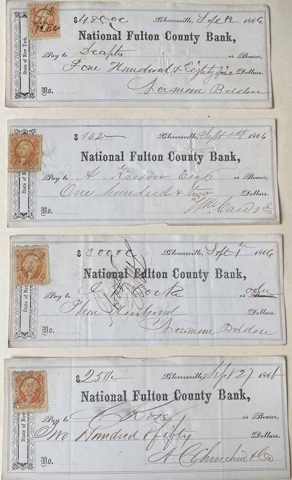 1866 Gloversville NY, National Fulton Bank, (4) Checks, Stamps, Fulton County