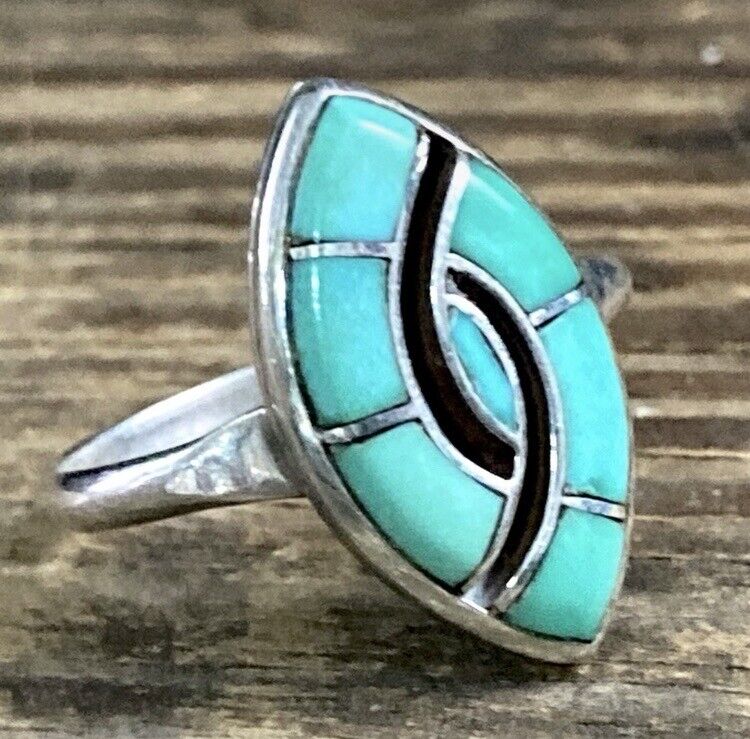 Vintage Zuni Native American Double Hummingbird Turquoise Silver Inlay Ring 6.5
