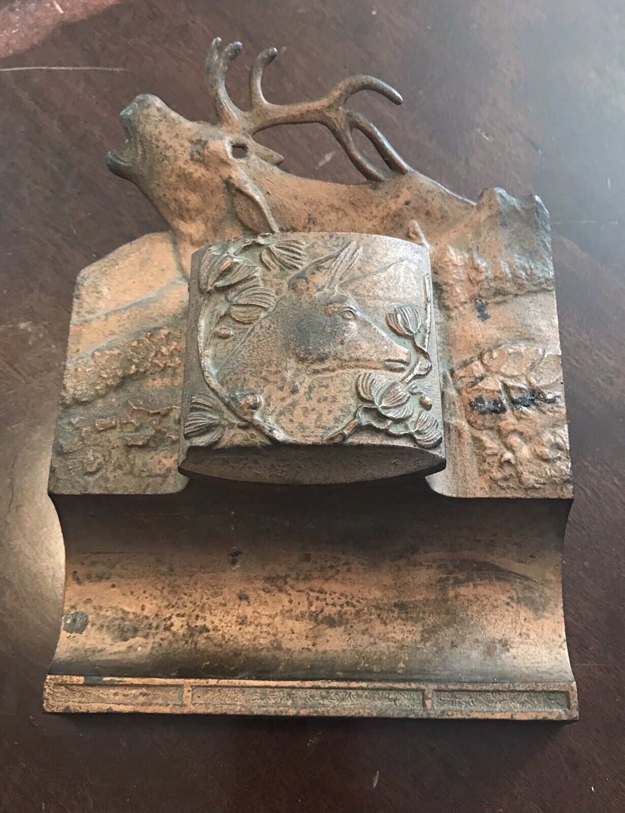 Antique Judd Cast Iron Inkwell Stand Elk and Doe Circa 1920s