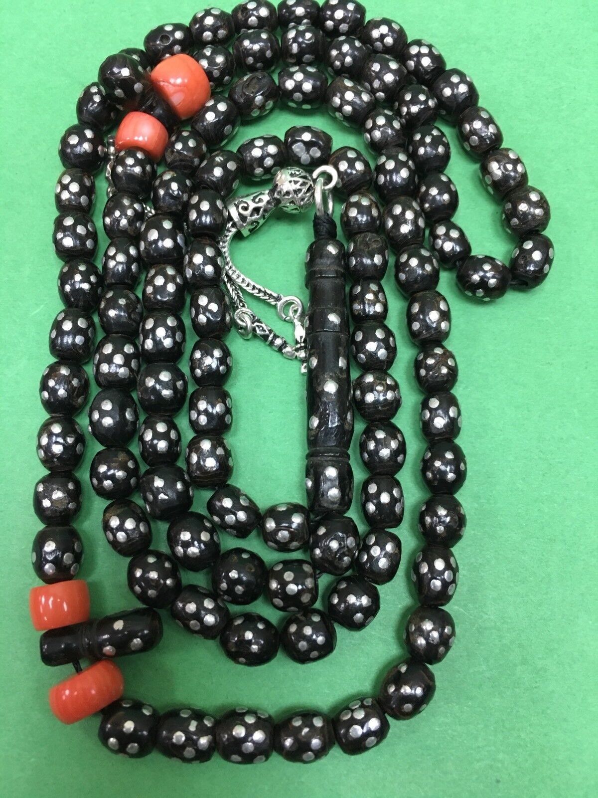 Antique Black Coral -Silver In Lay 99 Worry Beads Islamic Masbaha 46Grams -##