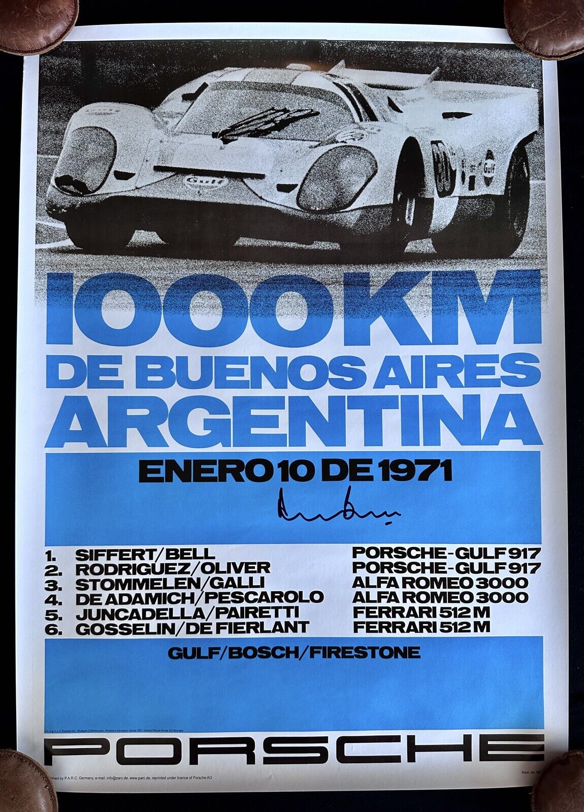 Derek Bell Signed PORSCHE 917 Gulf 1971 1000 KMs Buenos Aires Poster Reprint