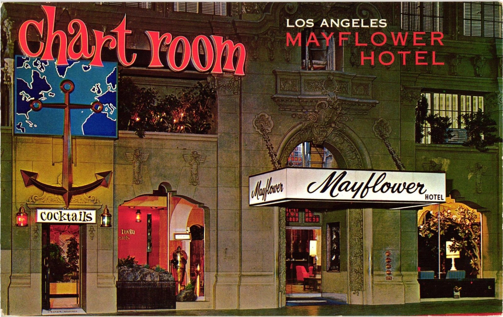 Mayflower Hotel Chart Room Los Angeles CA Advertising Chrome Postcard 1950s
