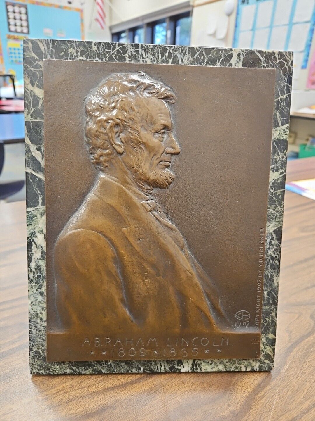 Victor D. Brenner Abraham Lincoln Bronze Plaque  1907 rare green marble original