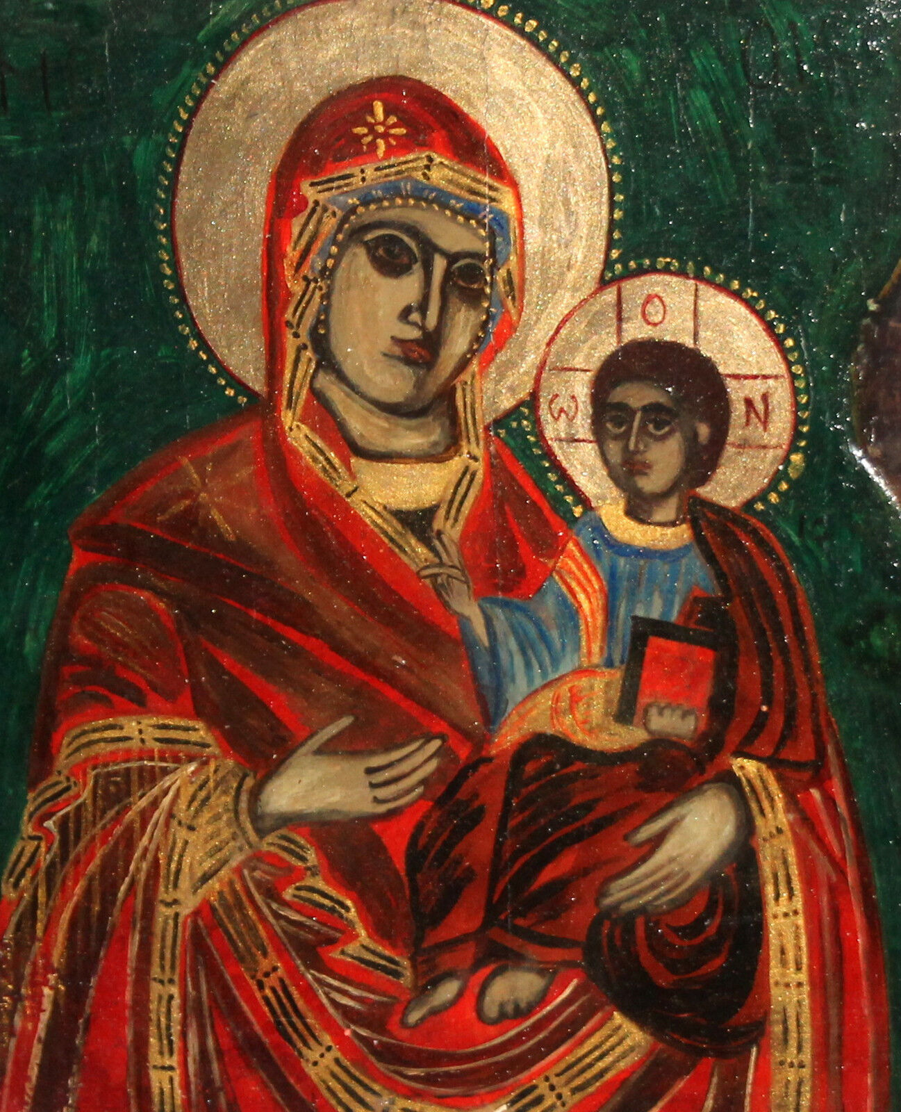 Vintage hand painted tempera/wood icon Jesus Christ Virgin Mary