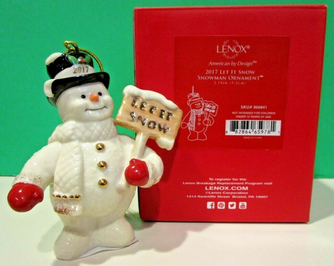 LENOX 2017 SNOWMAN Annual Ornament -- LET IT SNOW -- -- NEW in BOX