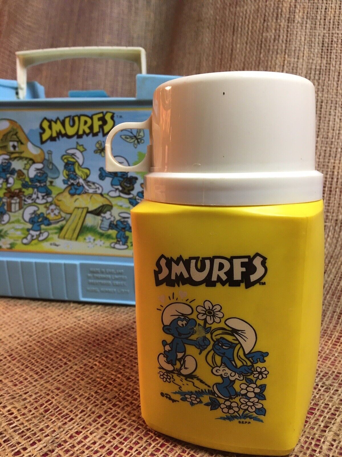 Vint. 1980s Smurfs Lunchbox by Thermos School Square Lunch Box Plastic w/Thermos