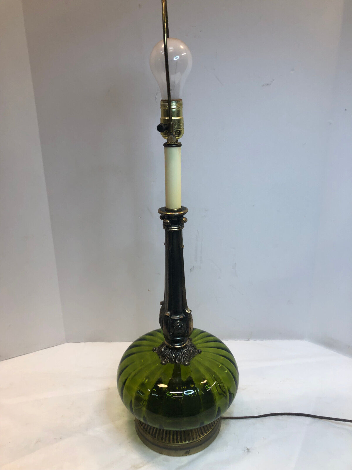 Vintage Lamp Green Glass Hollywood Regency Mid Century Lamp MCM Brass