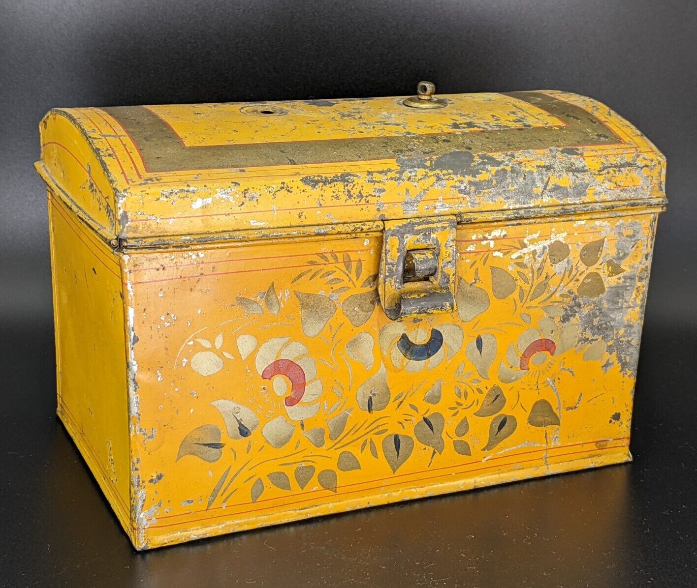 Antique Lockable Toleware Yellow Dome Top Lid Tin Lock Box