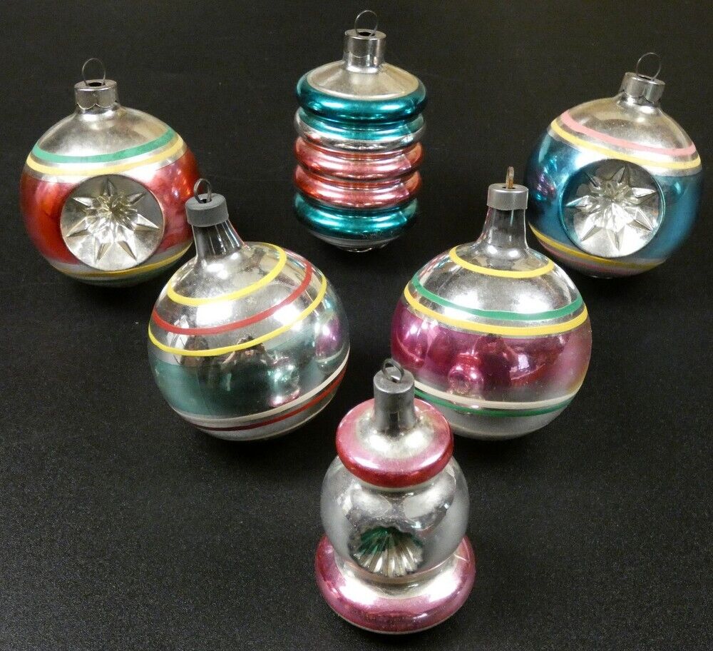Vintage Christmas Mercury Glass Premiere Striped, Lantern & Indent Ornament Lot