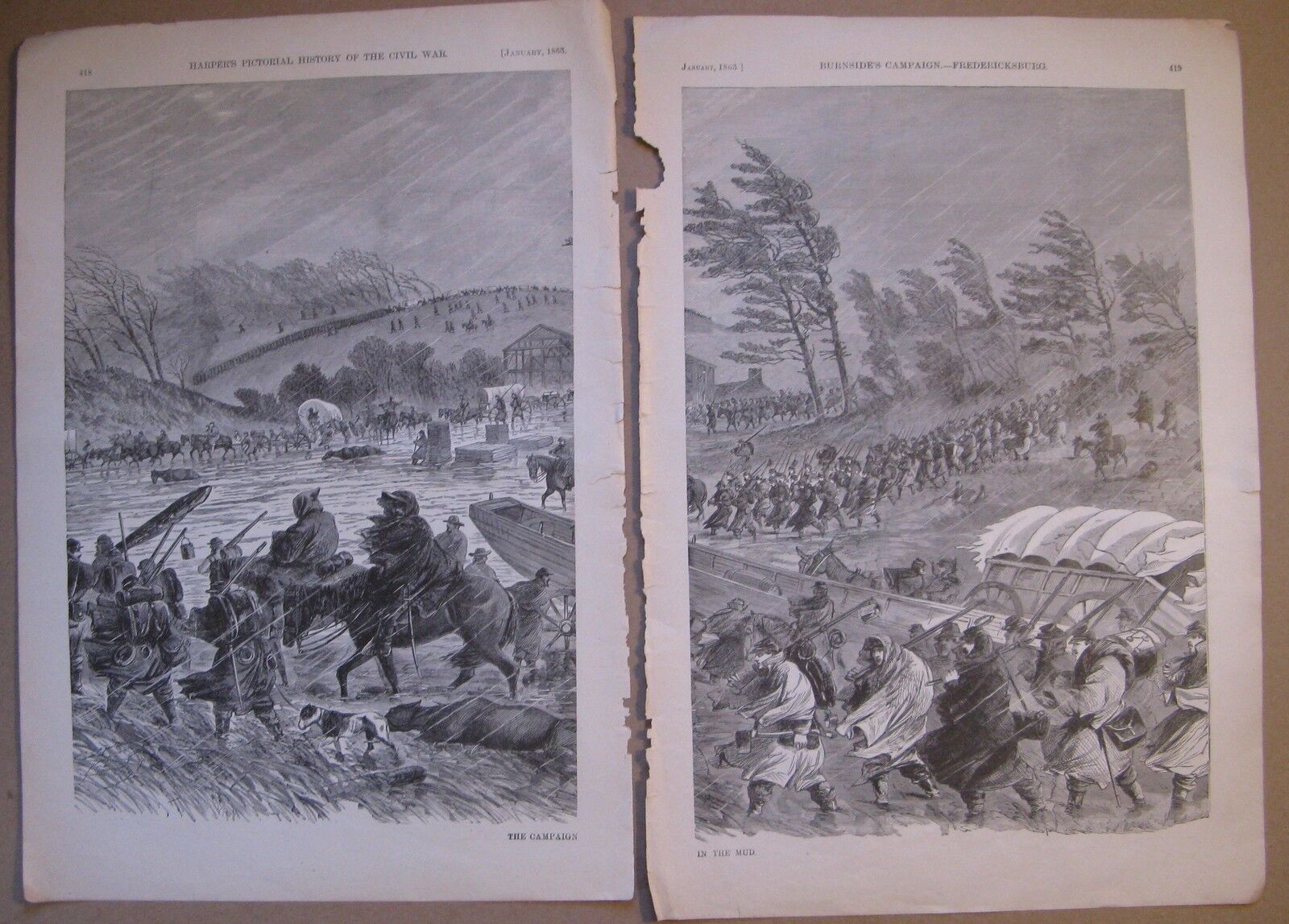 Circa 1873 Harper's Print THE CAMPAIGN IN THE MUD (Civil War Print) Torn