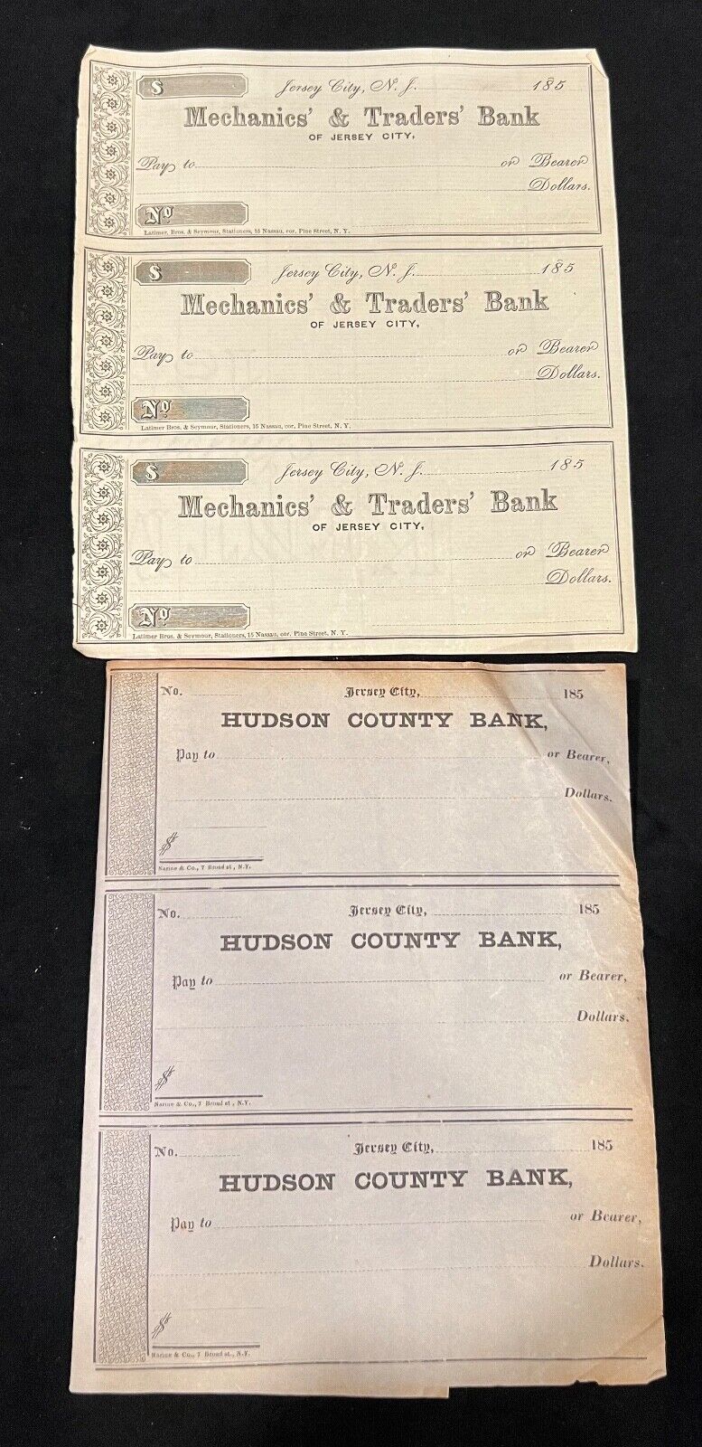 6 Blank & 3 Cancelled Checks 1850\'s-1860\'s Hudson County/Jersey City, NJ Banks