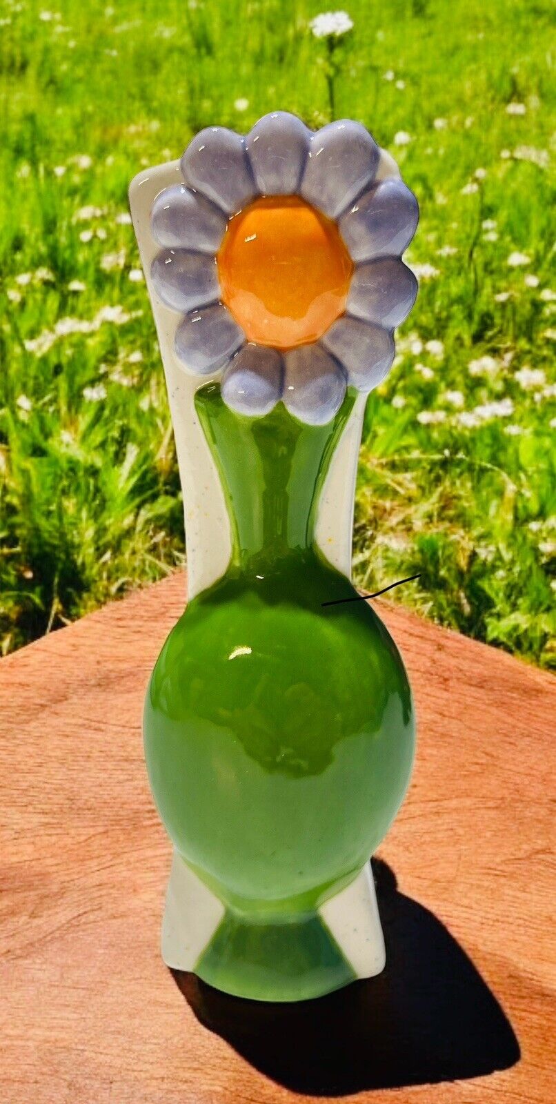 Sunflower On Green Vase Flower Vase 7” Tall Pottery Ceramic Hand Painted Signed.