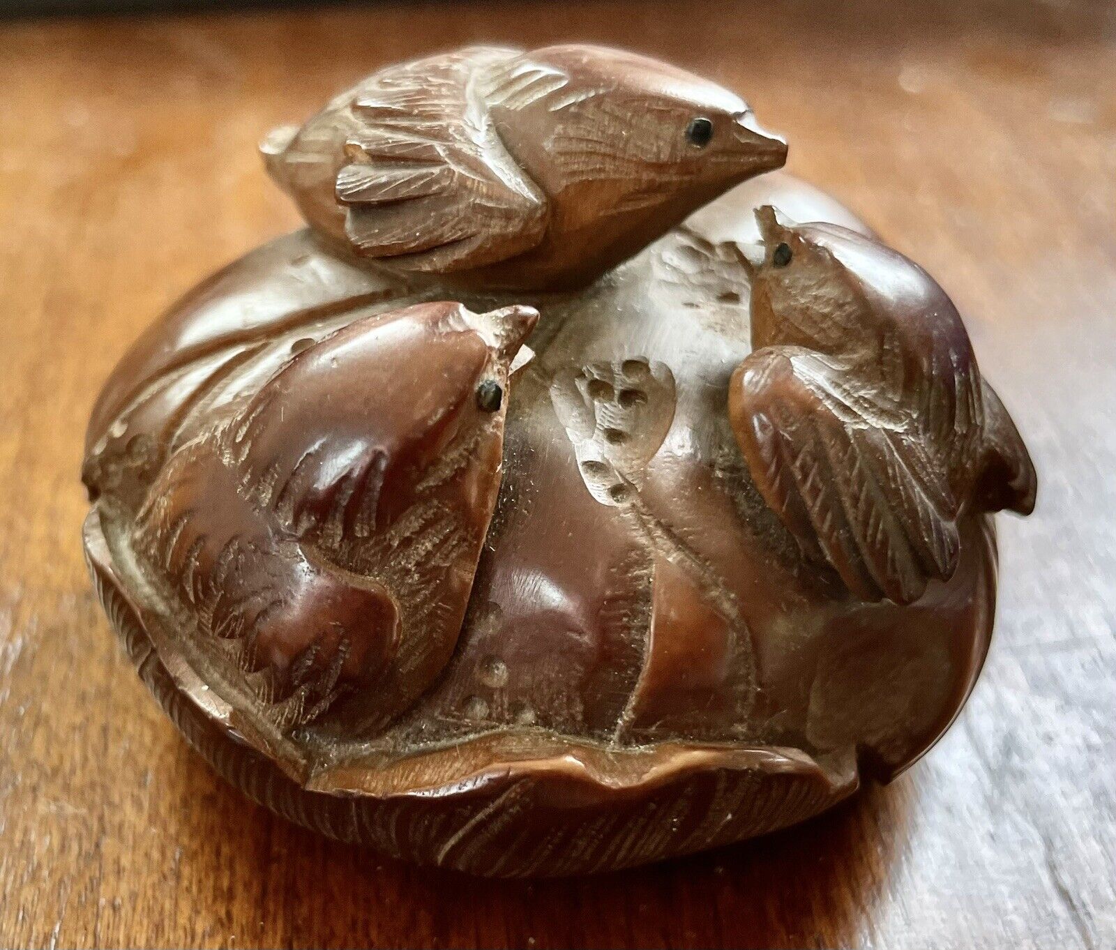 Delightful Tiny Vintage Japanese Wood Carving of Three Birds on a Fruit, 20th C.