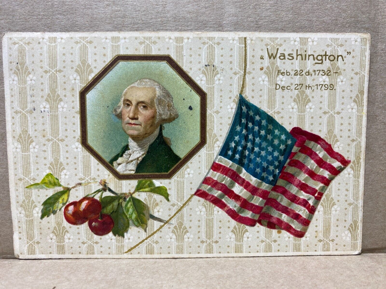 Postcard President George Washington Portrait Cherries Flag c1913 