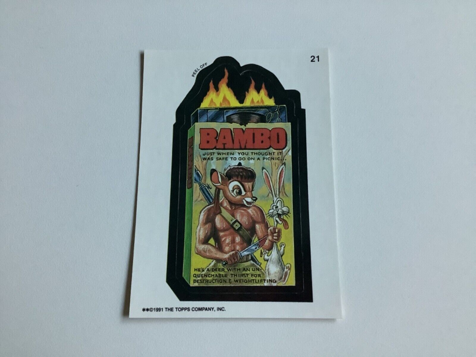 RAMBO & BAMBI 1991 TOPPS WACKY PACKAGES CARD PARODY, BAMBO #21 NM VINTAGE 