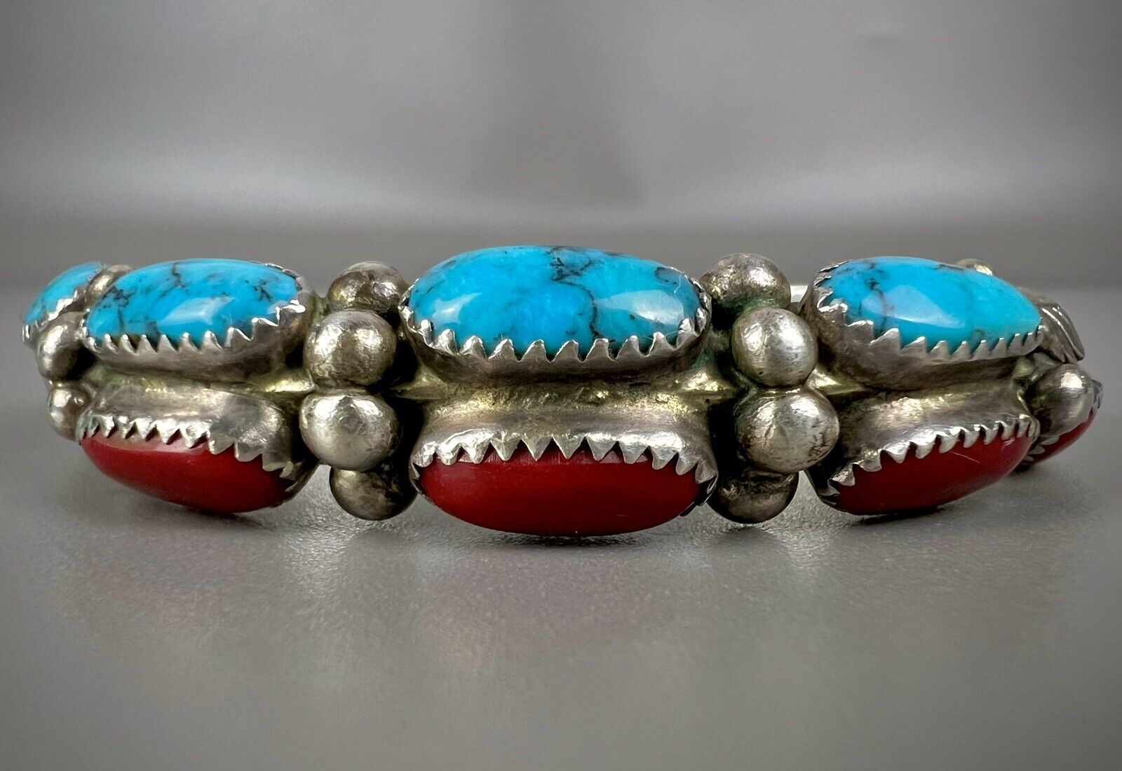 Vintage Navajo Sterling Silver Turquoise & Coral Cuff Bracelet THICK & SOLID