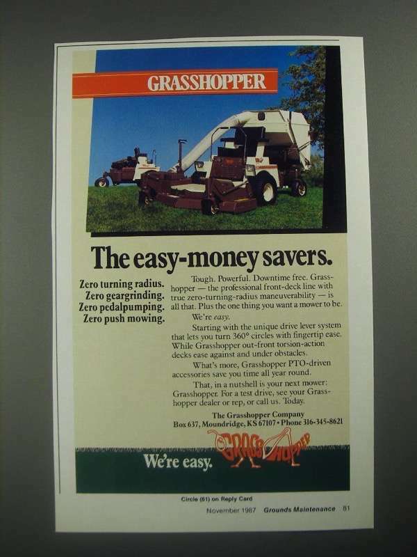 1987 Grasshopper Lawn Mowers Ad - The Easy-Money Savers
